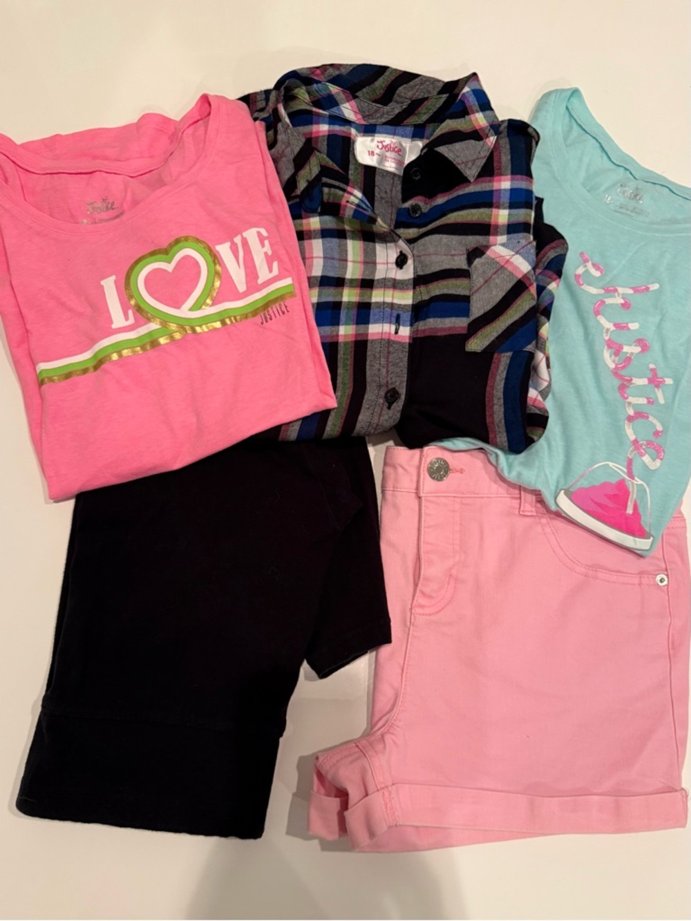 Justice Girls Tops and Bottoms Bundle - Pink, Black, Aqua, Plaid
